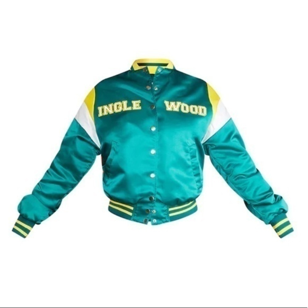 PrettyLittleThing Bomber Inglewood Green Satin Oversized Jacket Sporty Retro - Picture 2 of 7